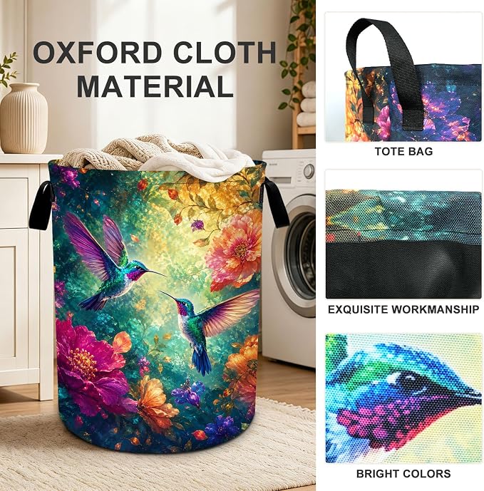 Humming Bird Laundry Basket Collapsible Oxford Laundry Hamper Clothes Storage Bin with Handles for Bedroom Bathroom Laundry Room 19.6 x 15.7 Inches