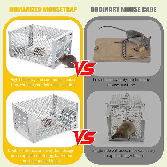 Humane Rodent Trap for Indoor & Outdoor Use - Automatic Multi-Catch Metal Cage with Double One-Way Doors, Reusable Safe Trap for Mice, Chipmunks & Small Animals (Grey)