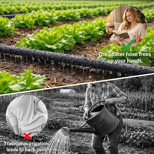 MIXC 80% Water-Saving Soaker Hose – 1/4" x 100 Ft Drip Irrigation Tubing for Garden, Lawn, Flower Beds & Vegetable Rows, with 1/4" Drip Fittings Included