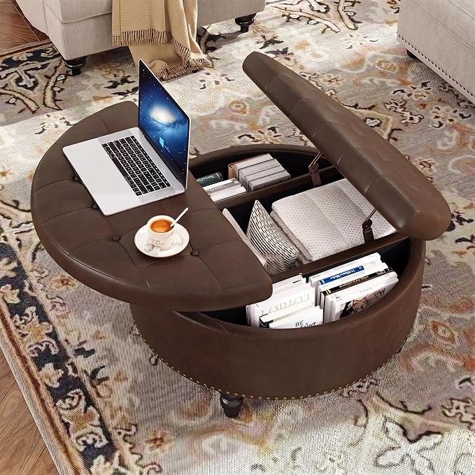 FiveWillowise 31.5 Inch Large Round Ottoman with Storage Circular,Chocolate | Leather Coffee Table with Lift Top,Modern Upholstered Button Tufted Footrest Stool Solid Wood Legs for Living Room,Bedroom
