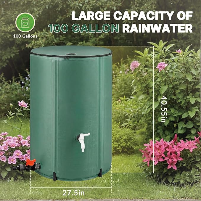 100 Gallon/380L Collapsible Rain Barrel,Foldable PVC Rain Barrel with Spigots,Top Mesh Cover and Overflow Valve,Designed to Collect Rainwater from Gutter Downspouts for Garden,Lawn,and Cleaning Floors