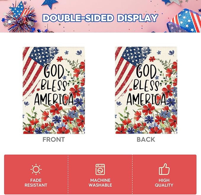 AVOIN colorlife 4th of July Patriotic Memorial Day House Flag 28x40 Inch Double Sided Outside, American Stars and Stripes God Bless America Floral Yard Outdoor Decoration