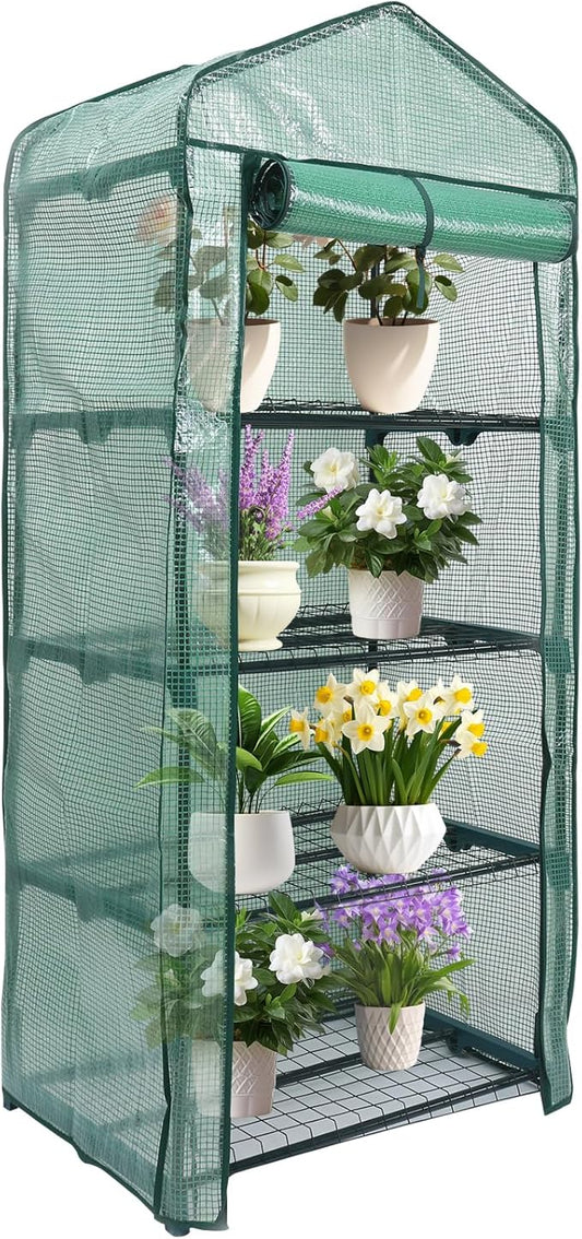 MaxWorks 4-Tier Portable Walk-in Greenhouse – 27" x 19" x 63" – Tall Mini Plant Grow House with Clear PE Cover & Steel Frame – Indoor/Outdoor Shelter for Seedlings, Herbs, or Flowers (51962)