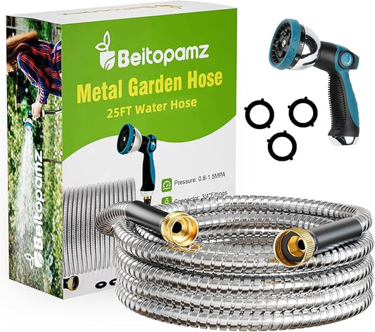 Beitopamz Garden Hose 25 ft, Stainless Steel Metal Water Hose with Nozzle, Flexible and Durable, Rust Proof, No-Kink, Heavy Duty, Leakproof 3/4'' Brass Fittings, Lightweight Hose for Patio, Lawn