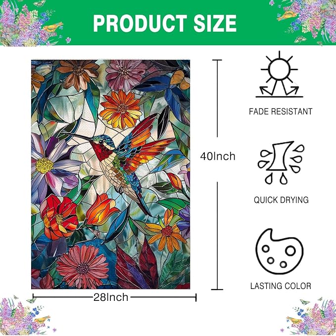 Stained Glass Spring Hummingbird House Flag 28x40 Inch Double Sided for Outside, Colorful Floral Large Burlap Yard Flag for Summer Farmhouse Holiday Outdoor Decorations