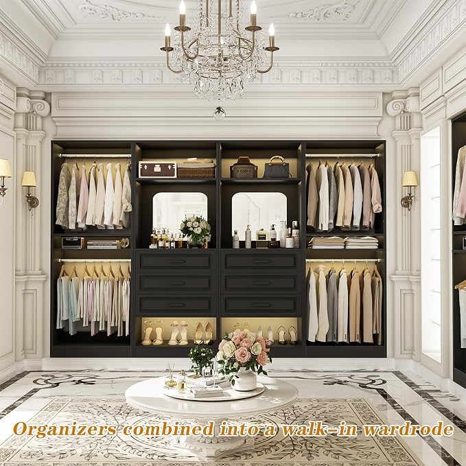 Unikito Closet System, 100" Closet Organizer with Drawers & Mirror, Black