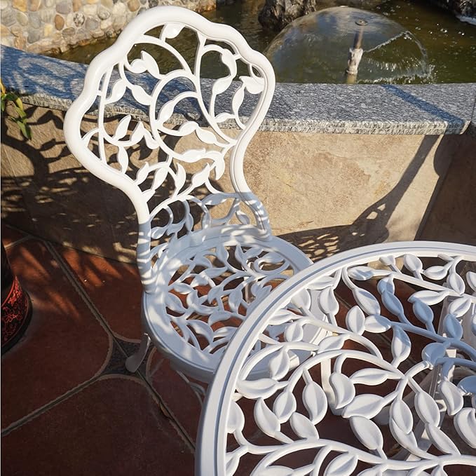 KAILI Patio Bistro Sets 3 Piece cast Aluminum Patio Furniture Outdoor Garden Metal Rust Proof Tables and Chairs White bisrto Set (Leaf-White)