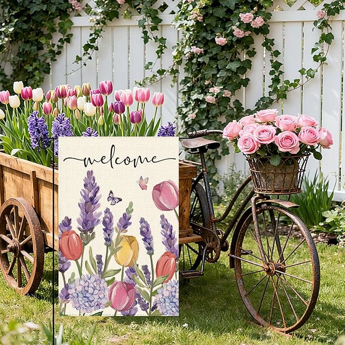 Spring Summer Tulips Hydrangeas Welcome Garden Flag 12 x 18 Inch Double Sided, Lavender Floral Butterflies Burlap Small Yard Flag Holiday Farmhouse Flags for Patio Outdoor Outside Decoration