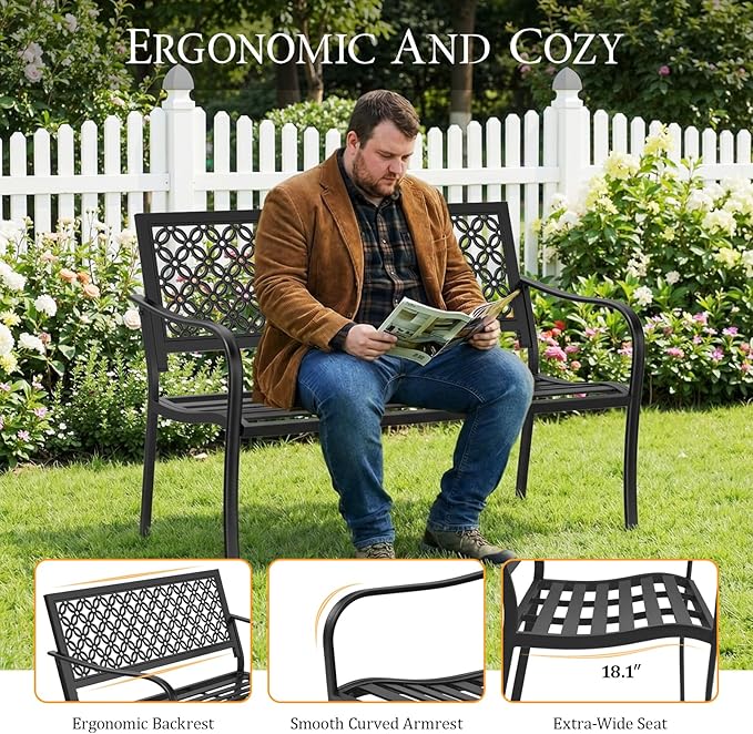 50" Outdoor Bench Weatherproof, 700 lbs Capacity Heavy Duty Garden Benches with Galvanized Metal Frame, Patio Bench with Floral Backrest, Patio Furniture for Porch, Park, Yard, Entryway, Black