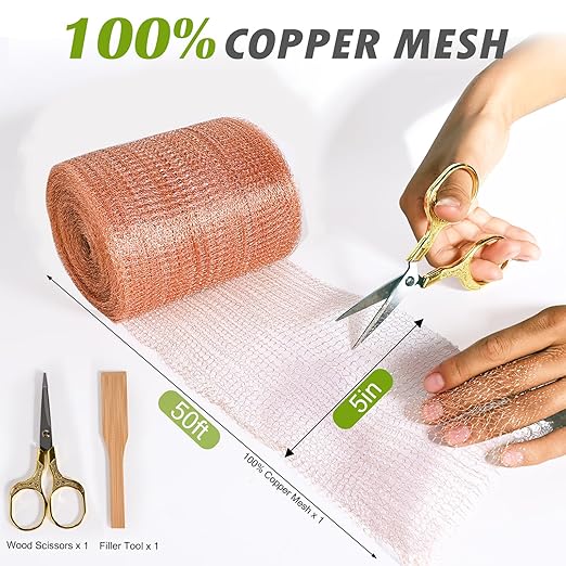 Copper Mesh Rodent Control Copper Wool for Slugs Mice Pest Snail Bird Control 5" x 50 ft Copper Wire for Weep Hole Covers Rodent Mesh