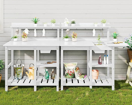 SERWALL Outdoor Potting Bench 2-Piece Set, Rot-Resistant HDPE Potting Table with Removable Sink for Outside Gardening, All-Weather Use - White
