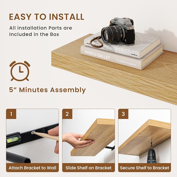 Floating Shelves for Wall, Wall Mounted Wood Shelves, Oak, Set of 2, 40in | Wood Floating Shelf with Invisible Brackets for Living Room, Bathroom, Bedroom, Kitchen, Hanging Shelf for Storage and Decor