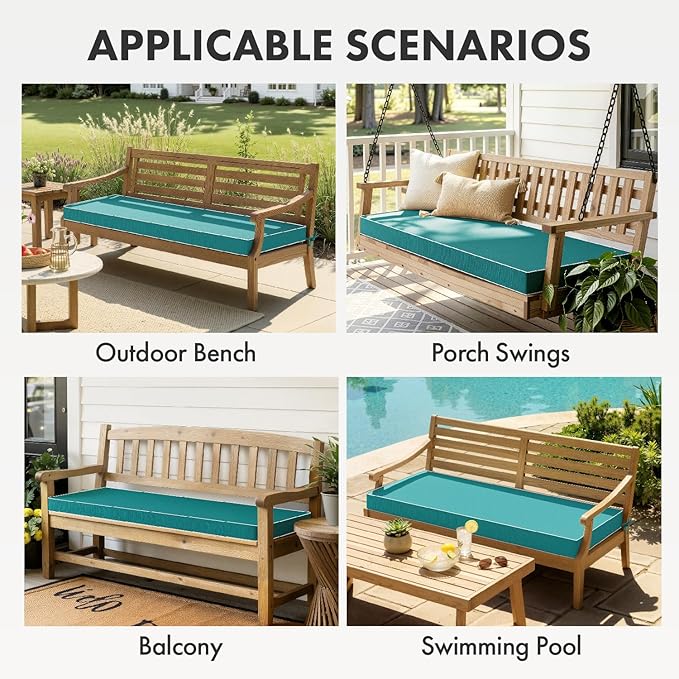 MIULEE Turquoise Outdoor Bench Cushion 45x18x3 Inch Waterproof 3-Year Color Fastness Patio Furniture Cushions for Porch Swing, Garden Bench Sofa Couch with Adjustable Ties No Slip Design