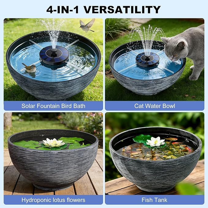 Solar Fountain Bird Bath Set, 15.7in Resin Lotus Bowl with 5.11in Solar Fountain Panel & 3 Fake Lotus Flowers, Durable Outdoor Garden Decor, Water Fountain for Birds, Patio & Yard