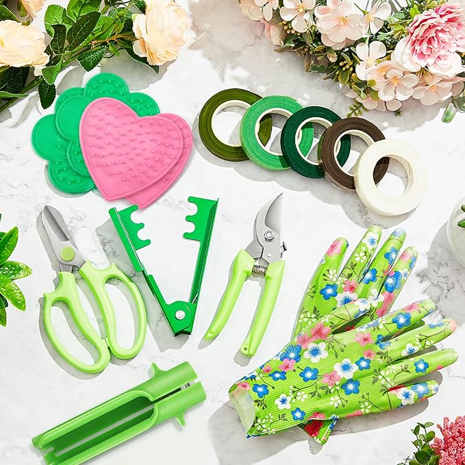 14 Pcs Valentine Rose Stripper Thorn Remover Tool Garden Pruning Shears Scissors Kit Leaf Stripping Tool Floral Gloves and Floral Tape Flower Stripper Kit Gift for Wedding Outdoor Gardening(Green)