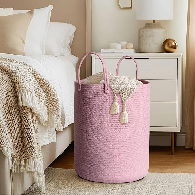 MEGASKET Large Pink Laundry Basket, 15"x18" Tall Blanket Storage for Living Room, Woven Cotton Rope Laundry Hamper for Girls Baby, Pink Room Decor Aesthetic, Decorative Clothes Hamper for Towels Toys