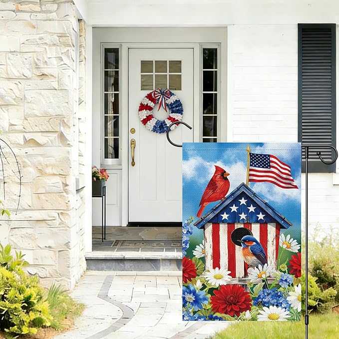 Patriotic 4th of July Garden Flag 12×18 Inch Double Sided Outside, Cardinal Birdhouse Flower Memorial Day Independence Day Burlap Yard Flag Holiday Outdoor Decor