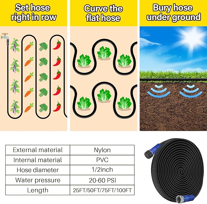 TigeJoy 150FT Flat Soaker Hose, Heavy Duty Double Layer Garden Watering Hose, Flexible Leakproof Drip Irrigation Hose for Raised Beds, Lawns & Vegetables, Save 80% Water