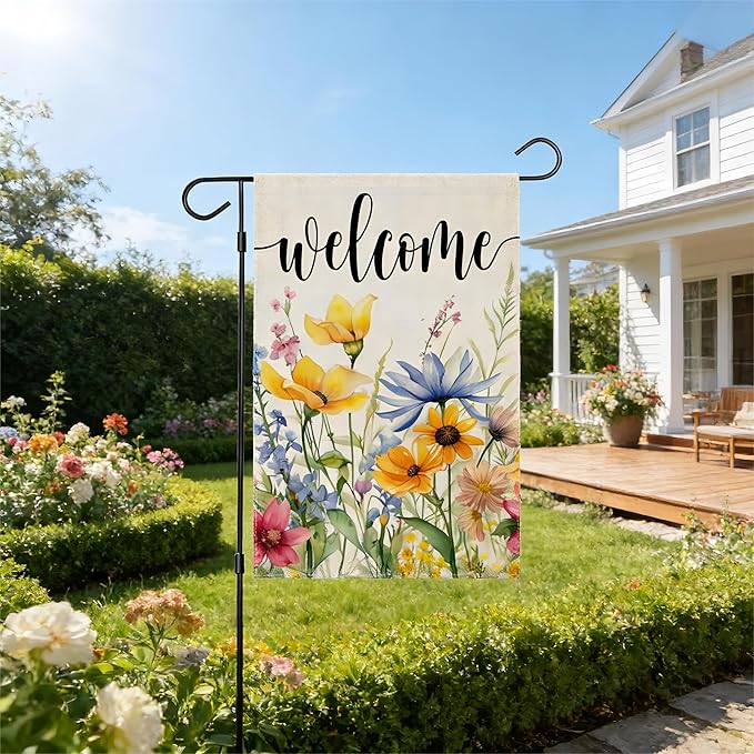 Spring Garden Flag 12x18 Inch Double Sided Outdoor Decor Watercolor floral welcome design for spring decor, seasonal summer garden flag for outside yard, patio, farmhouse, and holiday outdoor decoration