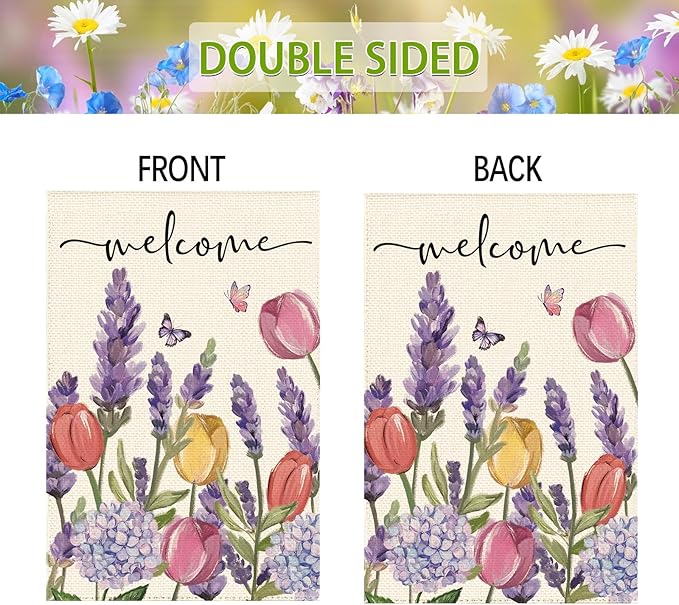 Spring Summer Tulips Hydrangeas Welcome Garden Flag 12 x 18 Inch Double Sided, Lavender Floral Butterflies Burlap Small Yard Flag Holiday Farmhouse Flags for Patio Outdoor Outside Decoration