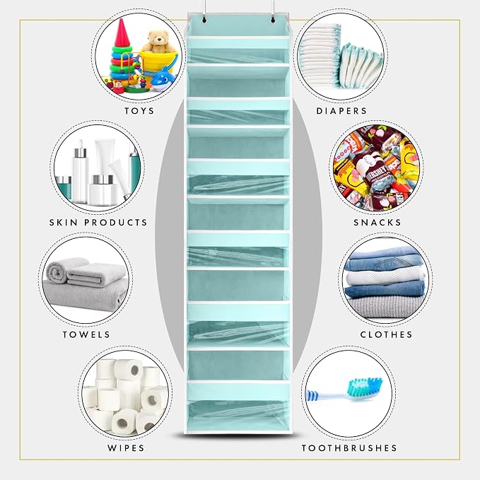 HOMELUX THEORY Over the Door Organizer, 6-Tier, 100D Fabric, Baby Blue 2pc | Over the door shoe organizer, 50 lbs capacity, 12 side mesh pockets, 100D extra thick fabric, Closet & entryway storage