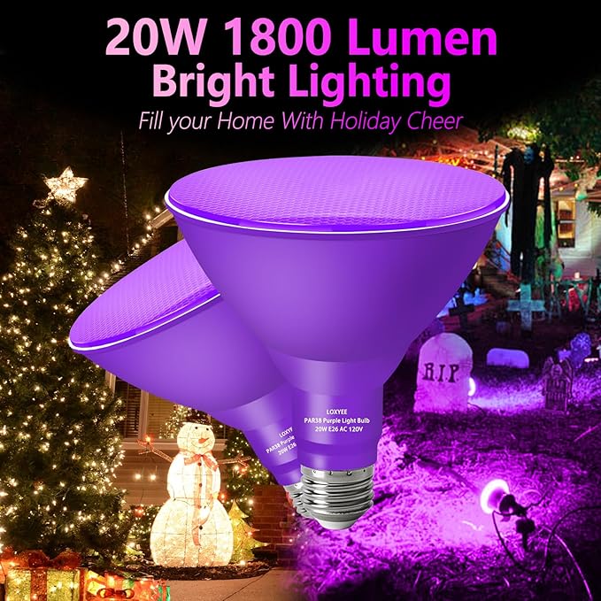 PAR38 Flood Purple Light Bulbs,2 Pack Dimmable,E26 Base Purple Flood Light Outoor(20W Replace to 200W),Halloween Light Bulb for Outside,Christmas,Holiday Lighting