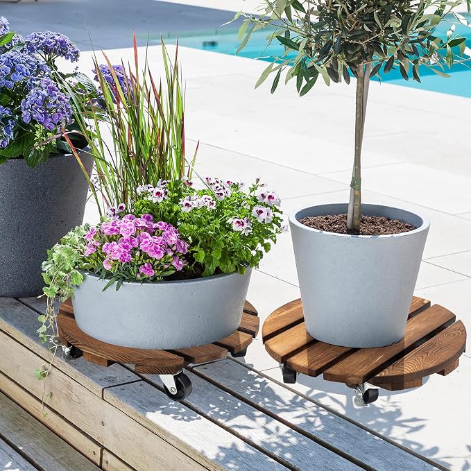 2pack Plant Caddy 12’’Wood Duty Rolling Plant Stand with 2 360° Lockable Caster Wheels,Indoor Outdoor on Roller Patio/Flower Pot/Succulent Pots | Wood Heavy Duty 360° Rotated Plant Stand - Indoor Outdoor on Roller Patio/Flower Pot/Succulent Pots