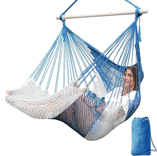 Chihee Handwoven Cotton Hammock Chair Large Hanging Rope Chair 7.9ft with Detachable Strong Metal Spreader Bar, Breathable Net Swing Seat Color Blocking, Portable with Carry Bag, Indoor Outdoor Use