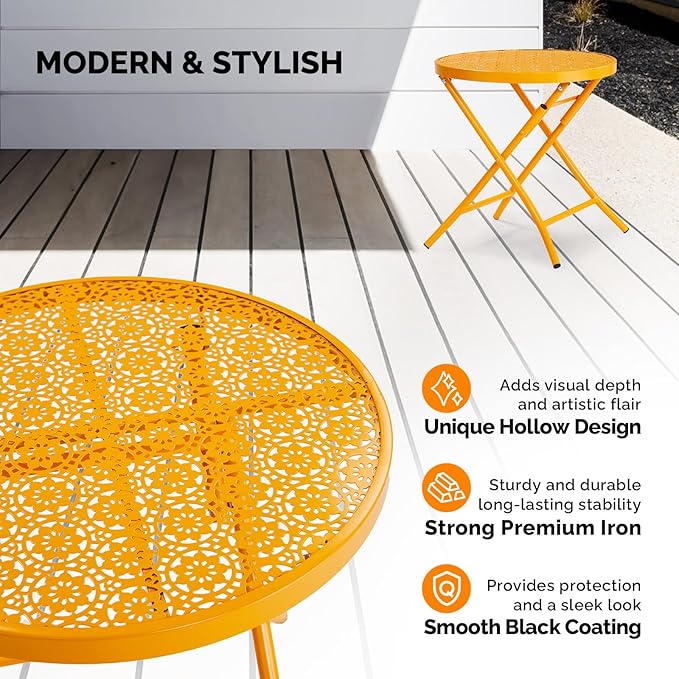 VINGLI Outdoor Folding Side Table with Chic Hollow Pattern and Durable, Rust-Resistant Coated Iron Patio Bistro Table Suitable for Indoor & Outdoor Porch, Deck, Balcony and Pool,Yellow