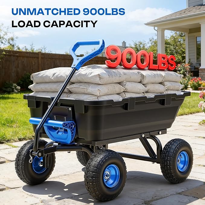 Autodaya 900LB Garden Dump Cart, 2026 Upgraded Heavy Duty Wheelbarrow Cart with 10" Non-Slip Pneumatic Tires & Quick-Release System, 4-Wheel Steel Frame Wagon for Transportation in Yard, Farm, Garden