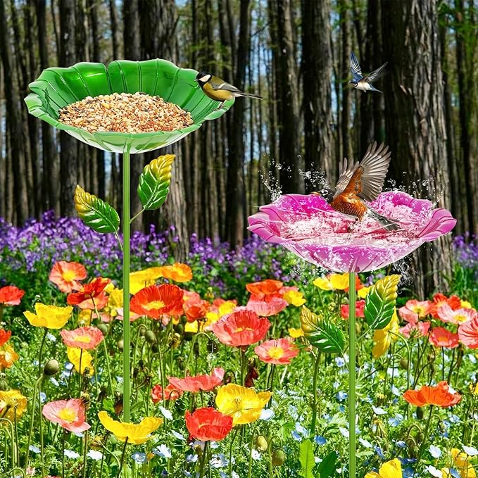 2 Pack Bird Baths for Outdoors, Colorful Metal Bird Bath for Outside, Hummingbird Bath with Five Stakes, Garden Flower Small Birdbath for Garden Decor, 31.3" H x 10.63" Dia (Red,Green)