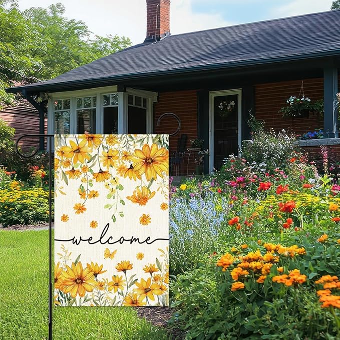 Welcome Flags for Outside,Spring Yellow Daisy Garden Flag for Yard Patio Lawn Decoration,12x18 Inch Double Sided