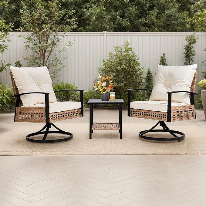 VINGLI 3 Pieces Outdoor Swivel Rocker Patio Chairs, Wicker Patio Bistro Set with 2 Rocking Chairs and 1 Coffee Table, Patio Furniture Set with Thickened Cushions for Porch Backyard Poolside