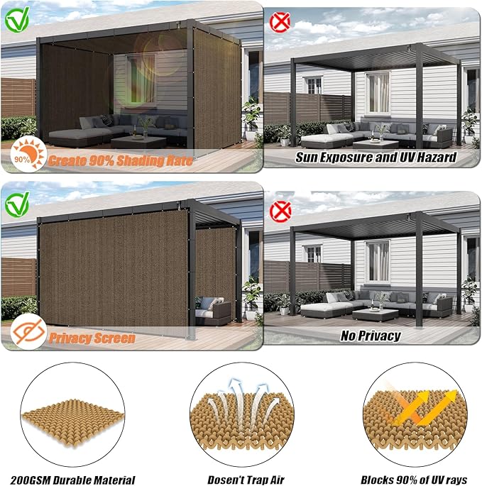 KANAGAWA 90% Sun Shade Cloth 16'X17' Custom Sizes Outdoor Porch Pergola Shade Cover Canopy with Grommets UV Block Privacy Screen for Patio Mocha