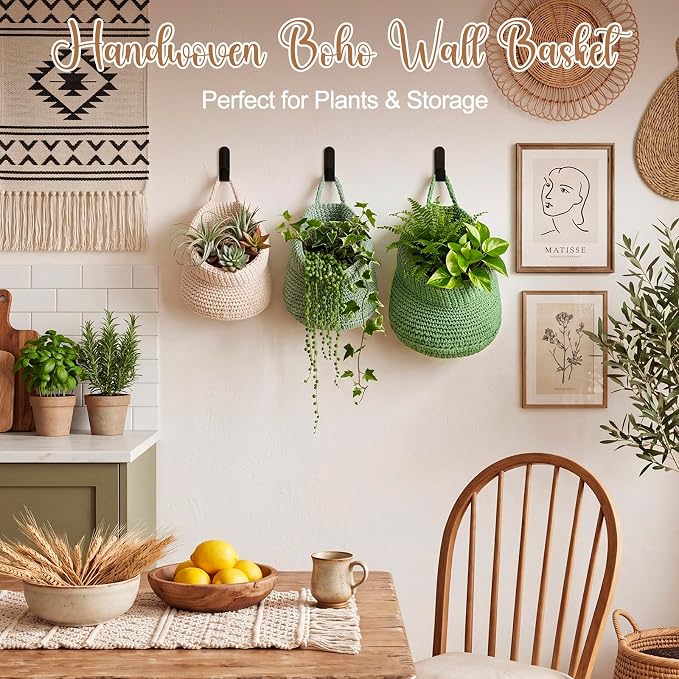 Honeydak 3 Hanging Baskets, Sage Color Palette, Barrel, Cotton Rope | Wicker Wall Baskets with Hooks for Fruit Vegetable Onion Storage, Teardrop Organizer for Kitchen, Boho Farmhouse Decor