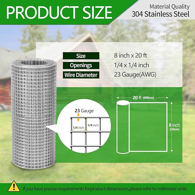 Hardware Cloth 1/4 inch 23 Gauge Small Size 304 Stainless Steel mesh Chicken Welded Wire Fencing Wire Mesh Roll Fencing Garden Fence Squirrel Tunnel Network 8in×20ft