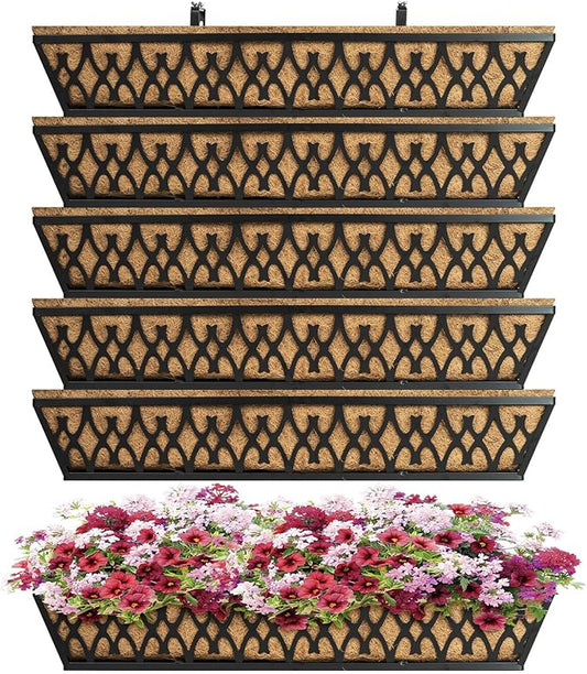 6 Pack 30 Inch Window Boxes Planters Railing Planter Box with Adjustable Brackets for Porch Fence Patio Balcony Hanging Flower Baskets with Coco Liners for Outdoor Garden Decor - Black