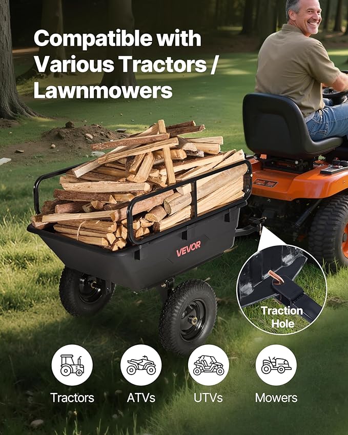 VEVOR 500Lbs 10 Cu.Ft. ATV UTV Trailer Tow Behind Dump Cart, Heavy Duty Pull Behind Utility Dump Trailer for Lawn Mower Trailer Tractor Garden Yard with 16in Tires