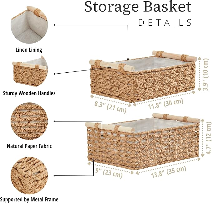 DECOMOMO Paper Rope Wicker Storage Basket, Bathroom Organizer | Back of Toilet Basket, Toilet Tank Tray, Countertop, Home Decor (Set of 2, Beige)