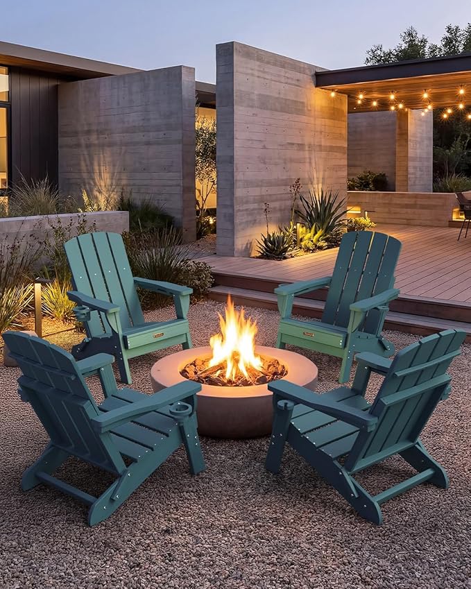Folding Adirondack Chair 1 Pack, HDPE All-Weather Fire Pit Chairs, Plastic Adirondack Chairs with 2 Cup Holder, Outdoor Lawn Chair for Patio Garden (New Blue)