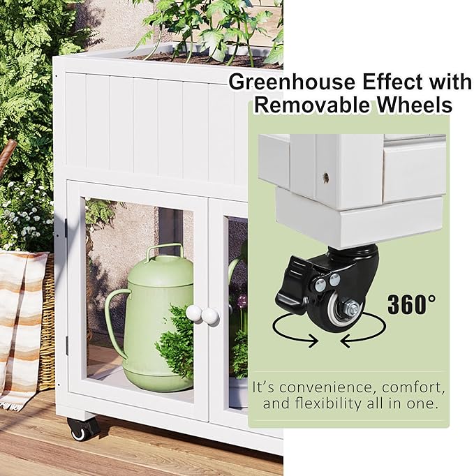 Polibi Patio Mini Wood Cold Frame, Compact 2 Doors Garden Greenhouse with Wheels, Raised Bed with Liner for Indoor Outdoor Use,35.4''x17.7''x37.4'',White