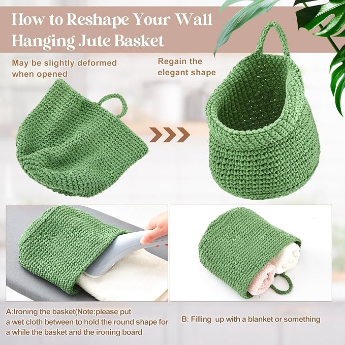 Honeydak 3 Hanging Baskets, Sage Color Palette, Barrel, Cotton Rope | Wicker Wall Baskets with Hooks for Fruit Vegetable Onion Storage, Teardrop Organizer for Kitchen, Boho Farmhouse Decor