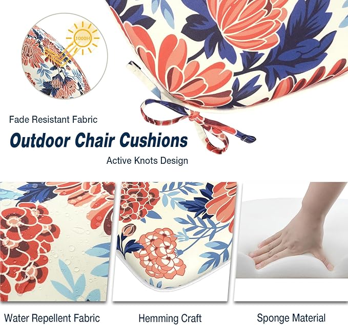 Outdoor Chair Cushions 16"x17" Set of 2, Water Resistant Patio Chair Pads with Ties, Seat Cushions for Home Garden Furniture Decoration, Red Chrysanthemum