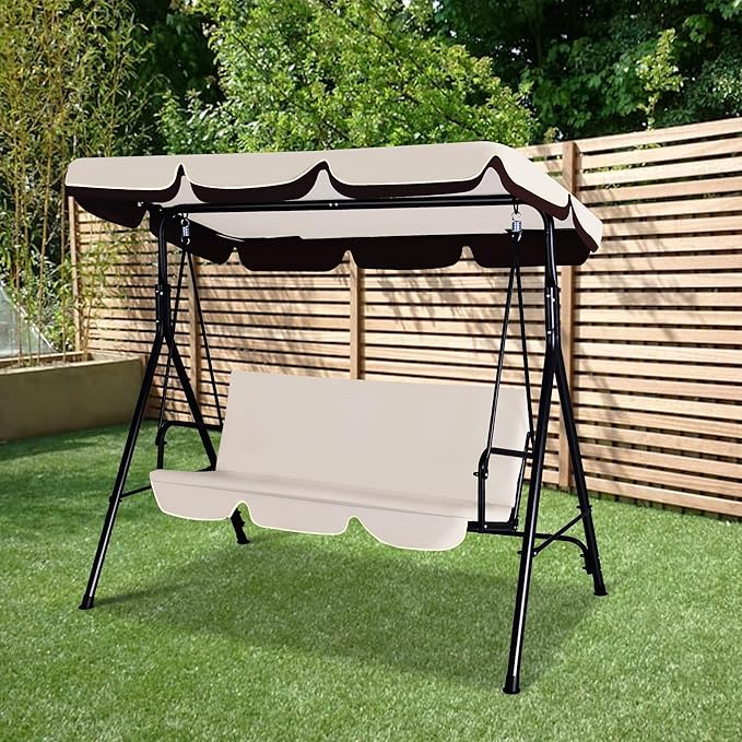 GARTOO 3-Seat Patio Swing Chair, Outdoor Porch Swing with Adjustable Canopy and Durable Steel Frame for Patio, Garden, Poolside (Beige)