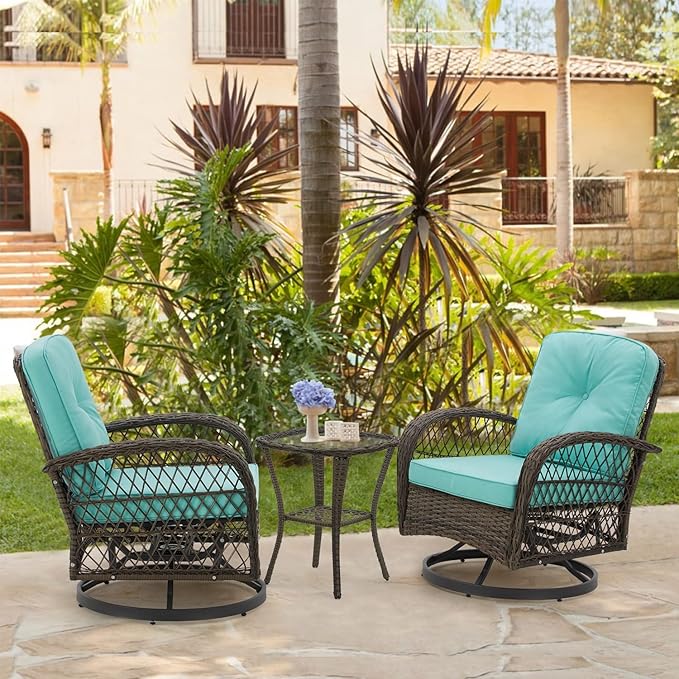 MELLCOM 3 Pieces Patio Furniture Set, Outdoor Swivel Rocker Patio Chairs, Wicker Patio Bistro Set with Rocking Chair, Thickened Cushions and Glass Coffee Table for Backyard, Garden, Blue