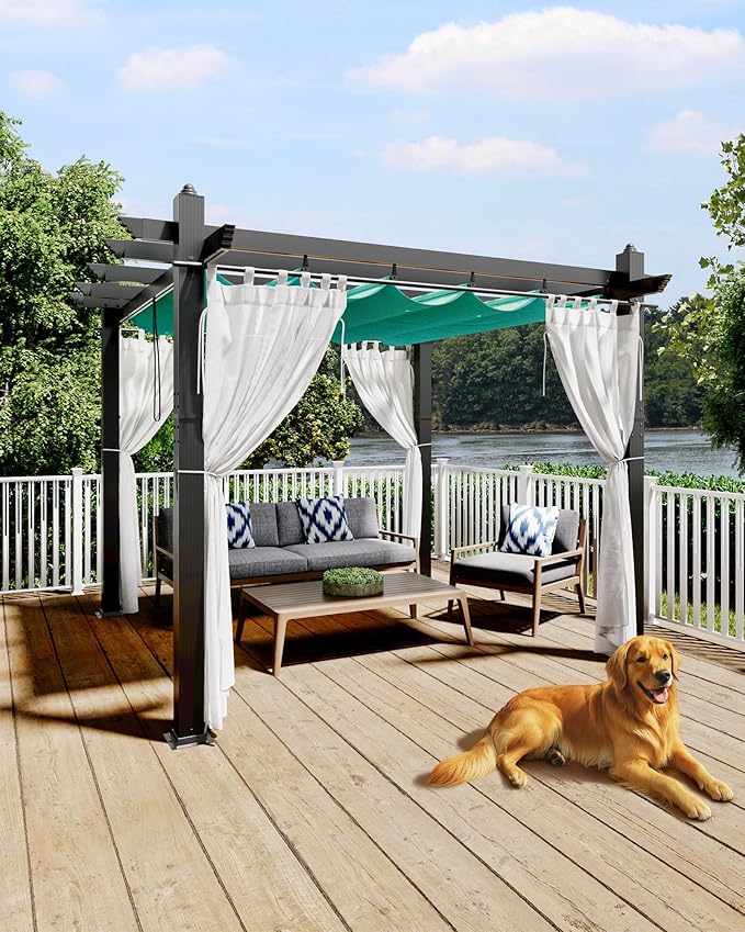 KYBOLT 10x10 Ft Outdoor Pergola with Retractable Canopy & Side Mesh Screen Gray Post Patio Gazebo for Backyard Deck Garden Lawns Porch(Blue+White)
