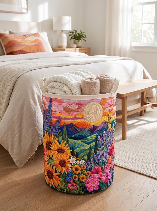 Quilted Laundry Basket with Handles, Boho Floral Quilted Storage Hamper, Large Capacity Laundry Hamper for Nursery Bedroom Laundry Room Home Decor (Pattern 12, Medium (22"H x 16"W x 16"L))