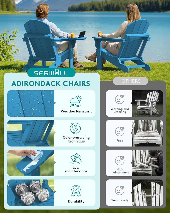 SERWALL Folding Adirondack Chair with 4 in 1 Multi-Functional Cup Holder, Wood Texture Adirondack Chairs for Patio Garden Outdoors, All-Weather Plastic Fire Pit Chairs - Sapphire