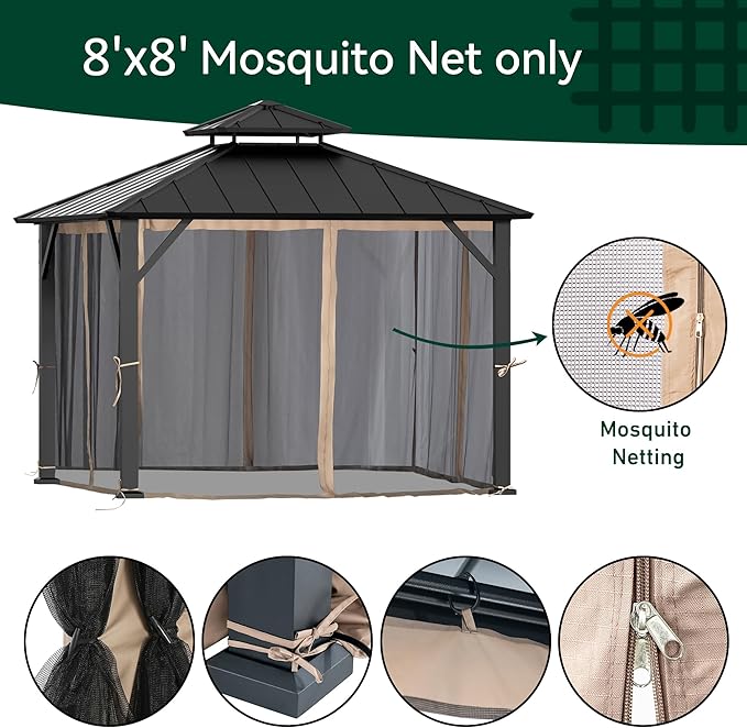 Covered Outdoor Gazebo Mosquito Netting Replacement Universal 4-Panel Sidewalls 8' x 8', Outdoor Gazebo Mosquito Nettings with Double Zipper, Replacement for Patio Canopy, Garden (Mosquito Net Only)