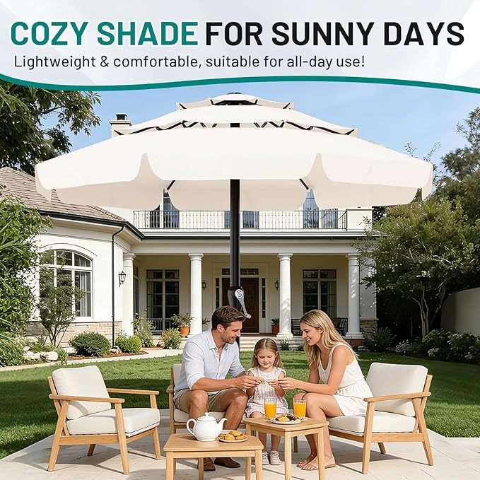 AreShark 12FT 3-Tiers Patio Umbrella with Valance, Outdoor with Crank, Large Outdoor Market Umbrellas Vented with 8 Sturdy Ribs, Patio Table Umbrellas for Garden, Deck, Backyard, Pool, Cream White